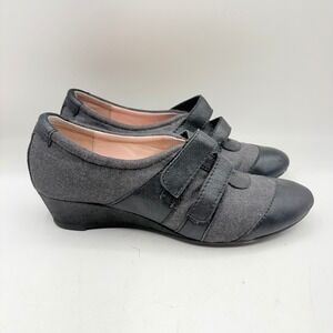 Taryn Rose Traveler Black Grey Wedge Shoes Velcro Straps Leather Textile 6M